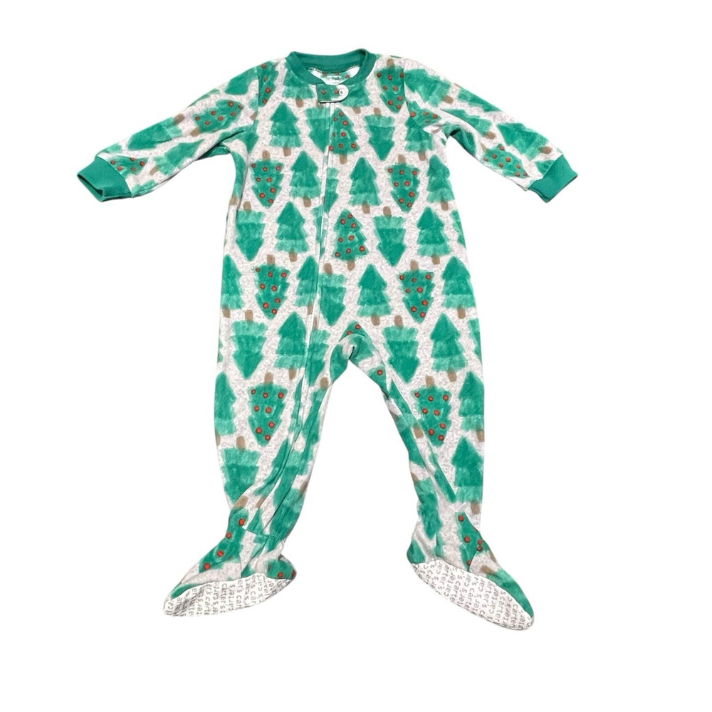 Carter's Christmas Tree Print Fleece One Piece Pajama Zip Footed Green 18 Months